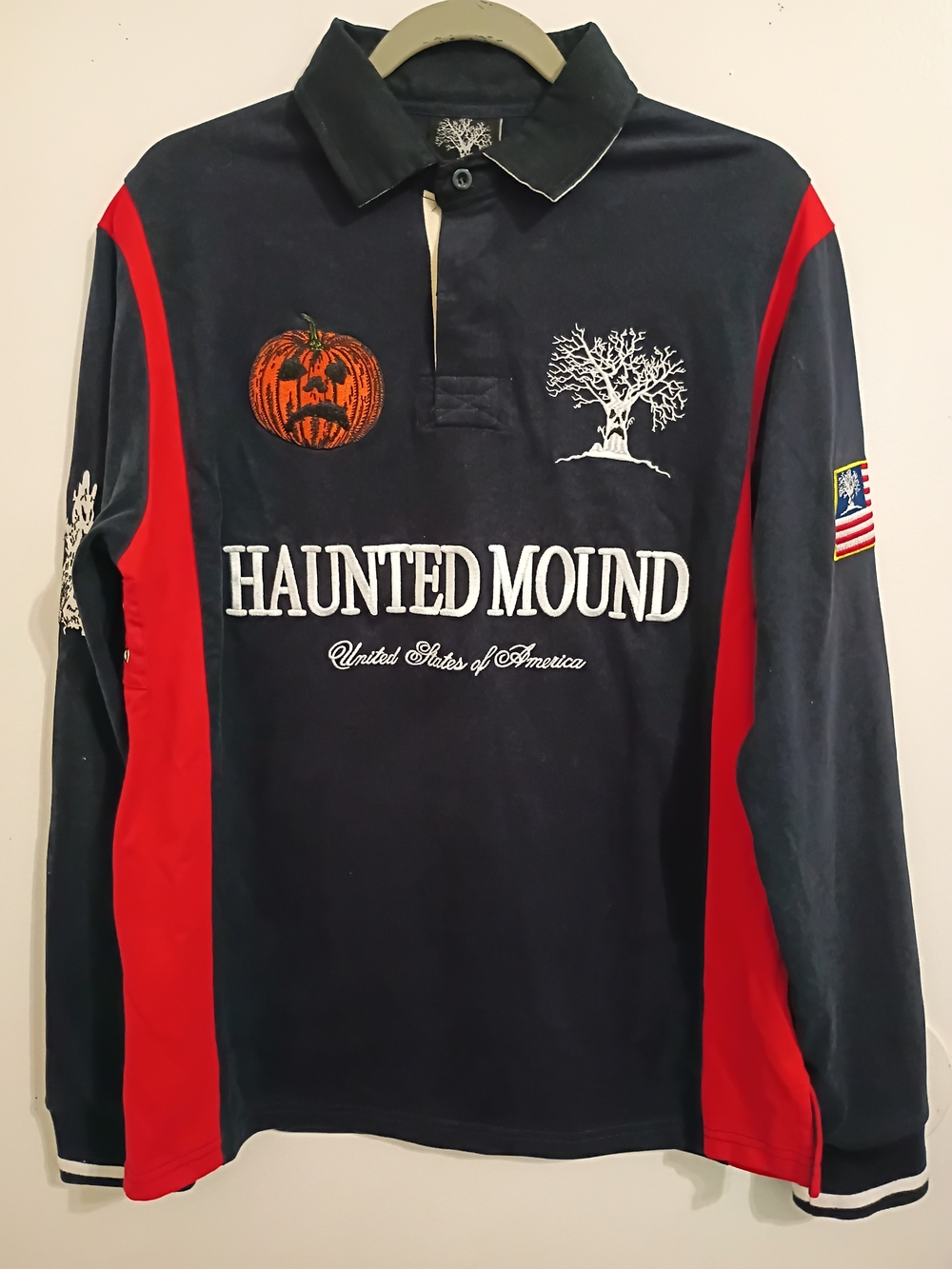 Haunted Mound Men's Long-Sleeve Polo Shirt - Navy & Red Sz L